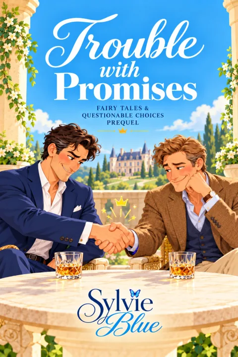 Cover of The Trouble with Promises by Sylvie Blue, showing two men shaking hands across a sunlit terrace table with a castle beneath a bright blue sky.