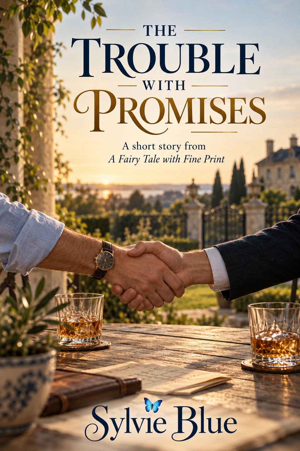 Cover of The Trouble with Promises by Sylvie Blue, showing two men shaking hands across a sunlit terrace table.